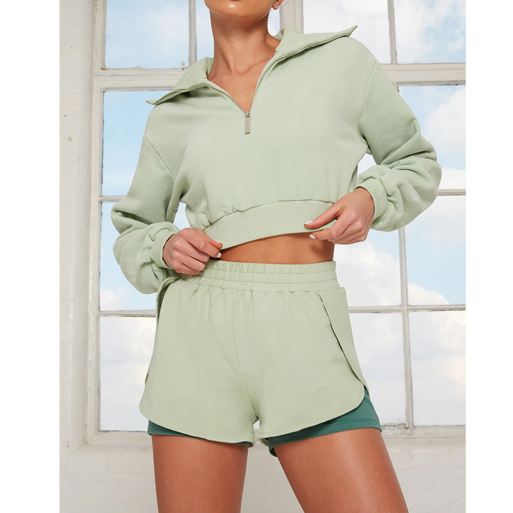 Sweater Solid Color Long-sleeved Casual Sports Suit Fake Two-piece Shorts