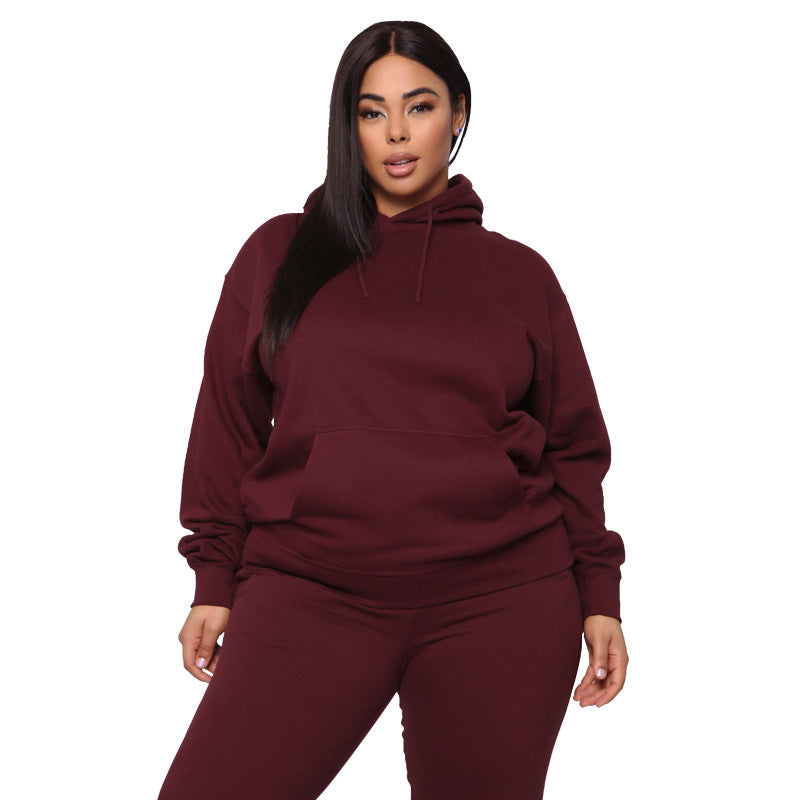 Loose And Casual Solid Color Hooded Long-sleeved Sweater Suit Plus Size