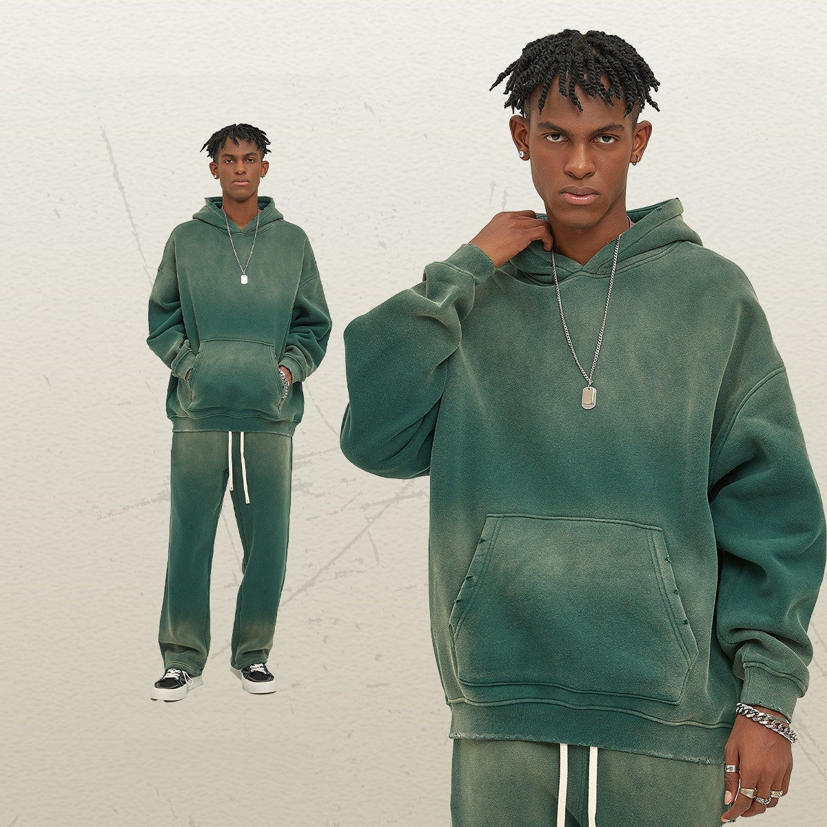 Solid Color With Fur Thick 350g Spray Dyed Distressed Hooded Sweater