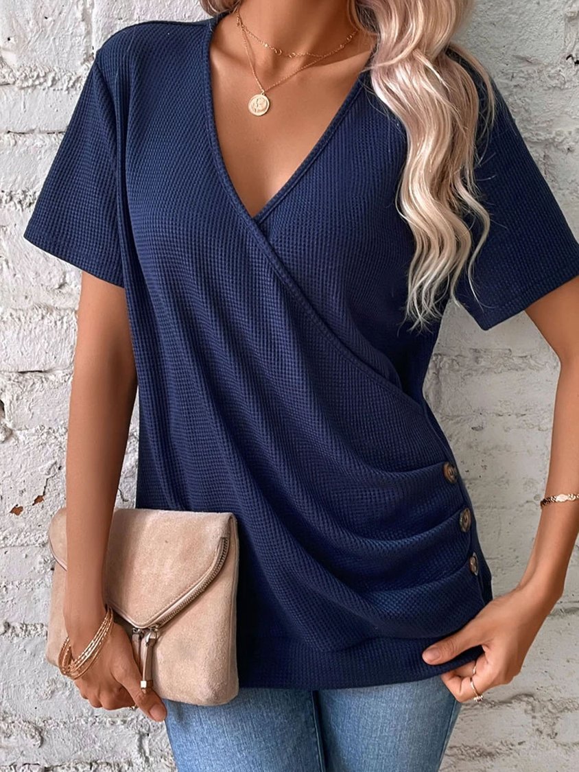 Women's Casual Short-sleeved V-neck Solid Color T-shirt