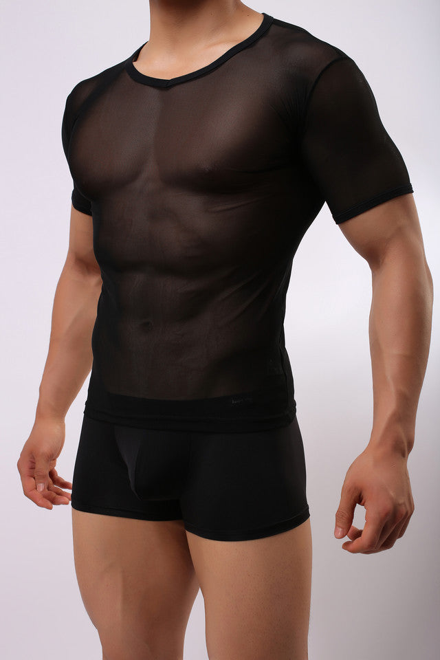 Men's Solid Color Sexy Mesh Transparent Short-sleeved T-shirt