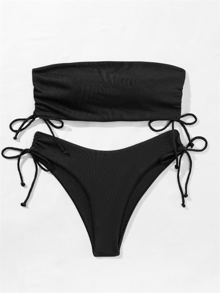 Summer Tu Bikini With Drawstring Design Solid Color Sexy Swimsuit For Beach Party Womens Clothing