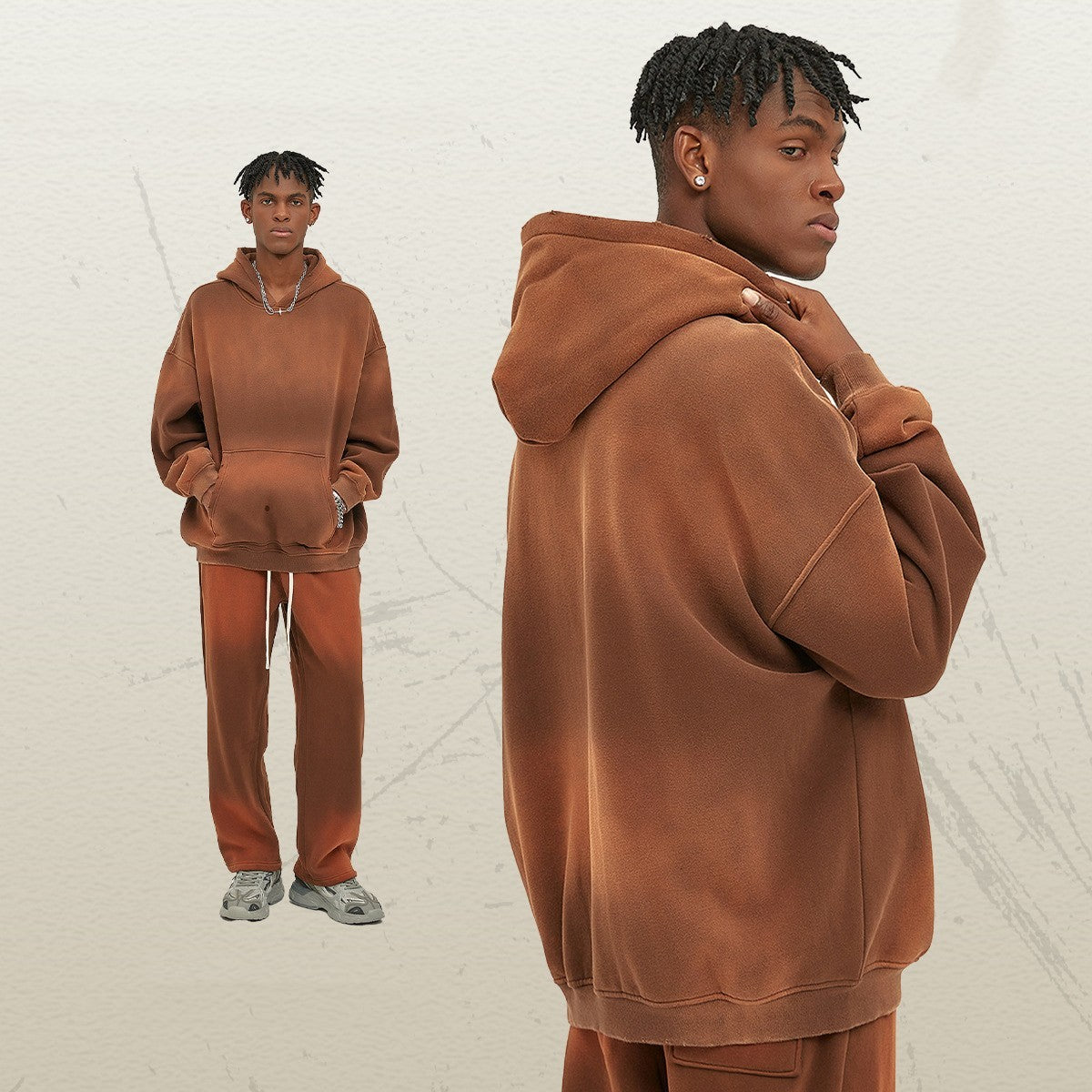 Solid Color With Fur Thick 350g Spray Dyed Distressed Hooded Sweater