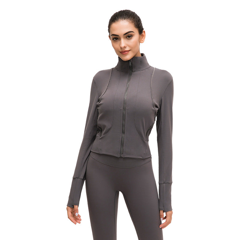 Women'S New Stand Collar Slim-Fit Yoga Wear Sanded Nude Fitness Tops Zipper Casual Sports Jacket Women