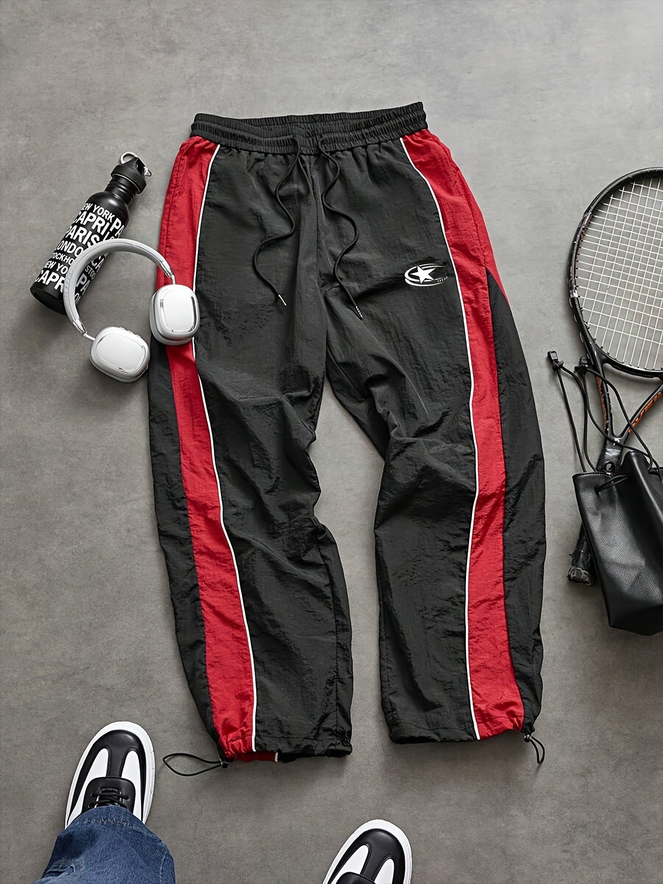 Mens Side-Panel Spliced Drawstring Quick-Dry Casual Pants