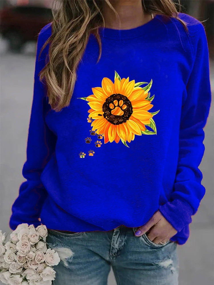 Round Neck Print Sweatshirt Long Sleeve Women