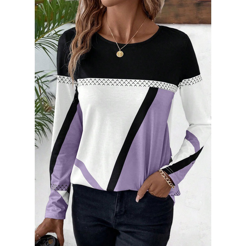 Pullover Round Neck Contrast Color Stitching Geometric Print Top