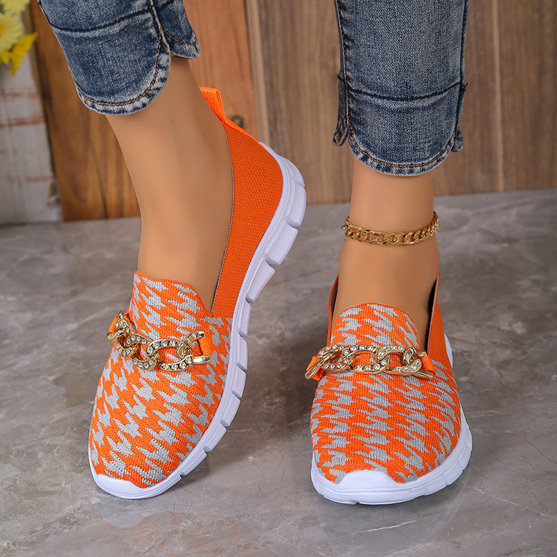 Casual Houndstooth Print Chain Mesh Shoes Summer Walking Sports Flat Shoes Women Breathable Loafers