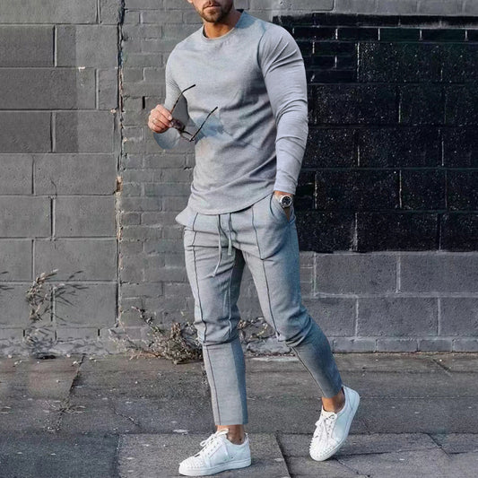 Spring Round Neck Long Sleeve T-shirt Trousers Solid Color Men's Two-piece Suit