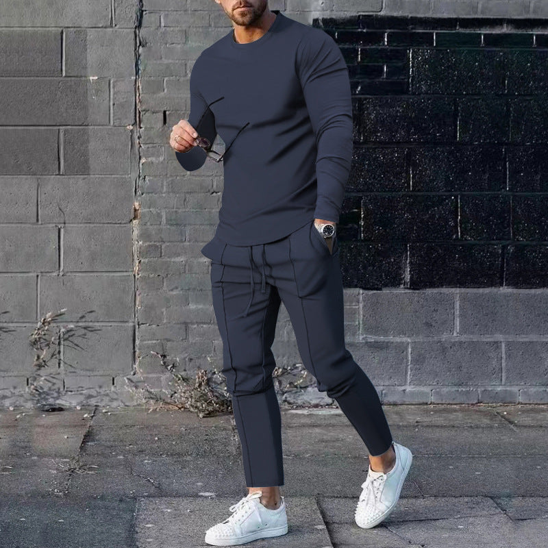 Spring Round Neck Long Sleeve T-shirt Trousers Solid Color Men's Two-piece Suit