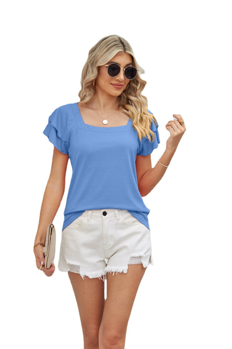 Women's Summer Solid Color Square Collar T-shirt Loose Top