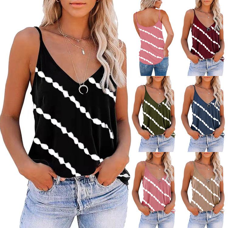 Women's Sleeveless Camisole V-neck Striped Printed T-shirt