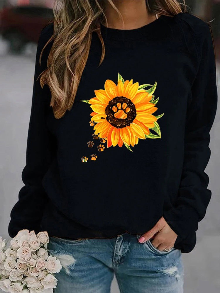 Round Neck Print Sweatshirt Long Sleeve Women