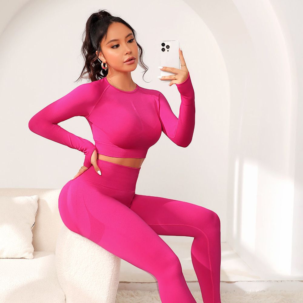 Seamless Knitted Sexy Running Sport Long Sleeve Top And Pants Multicolor Fitness Yoga Wear Suit