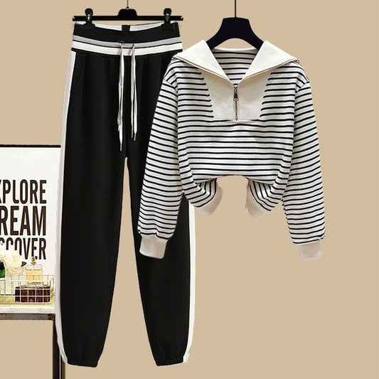 Sports Suit Spring Striped Sailor Collar Zipper Sweater