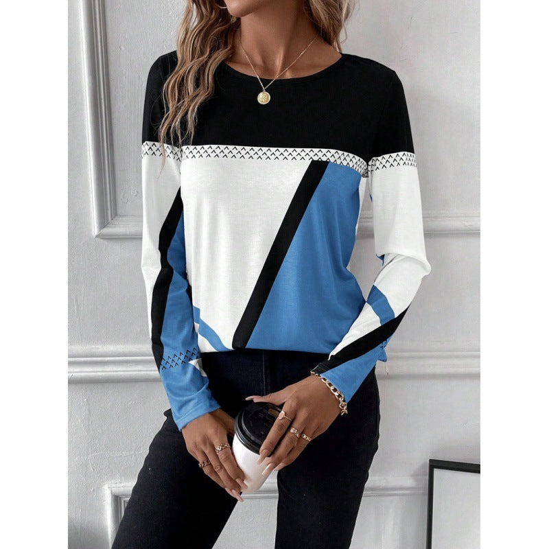 Pullover Round Neck Contrast Color Stitching Geometric Print Top