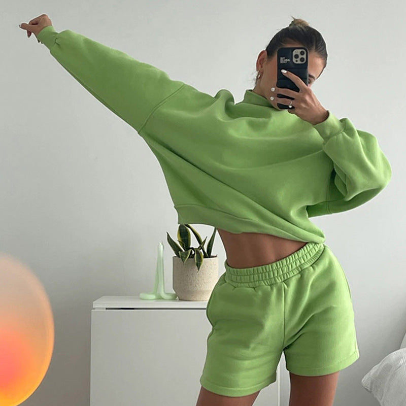 Women's Stand Collar Long Sleeve Fleece And Shorts Two-piece Suit