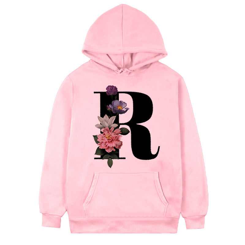 Women's 26-letter Flowers Printed Fleece Hoodie