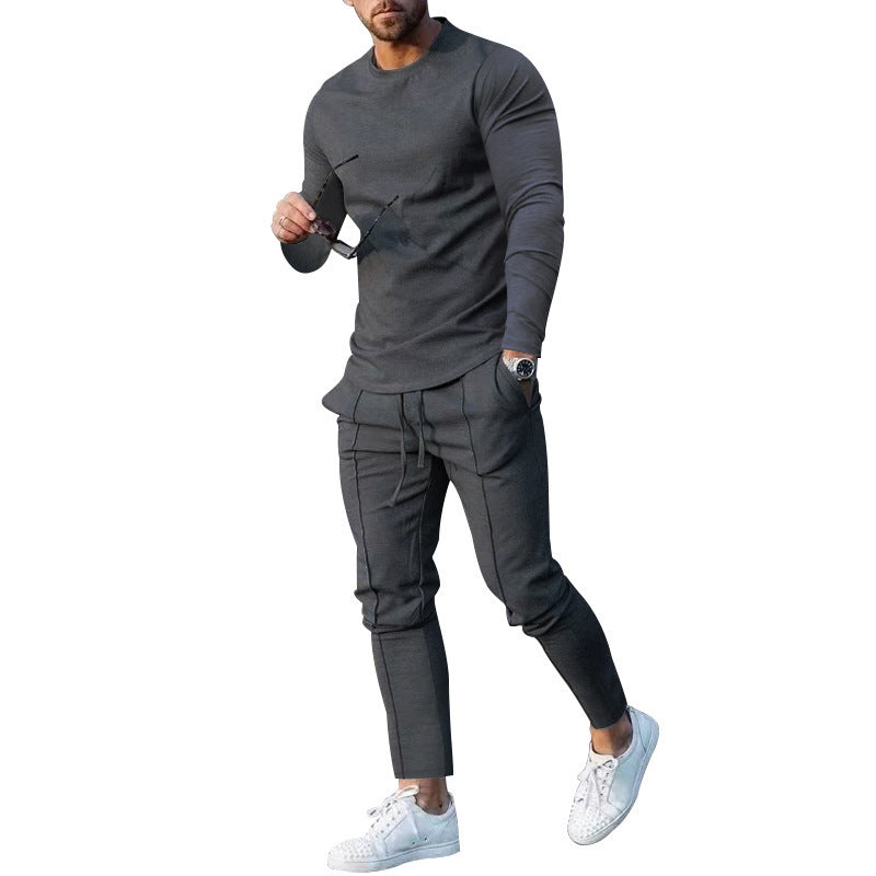 Spring Round Neck Long Sleeve T-shirt Trousers Solid Color Men's Two-piece Suit
