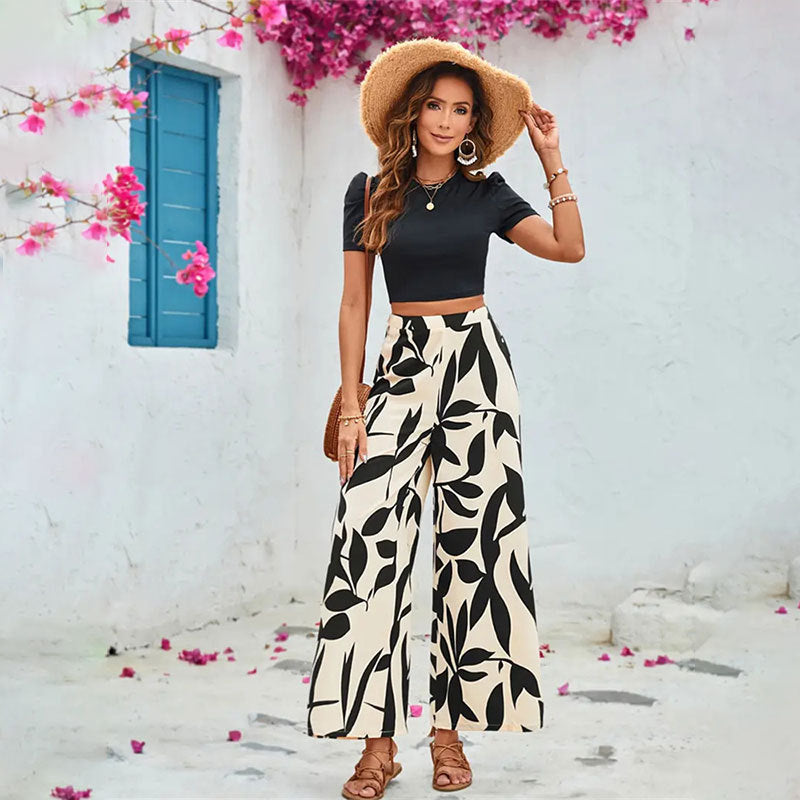 Leaf Printed Casual Cropped T-shirt Blouse And Pants