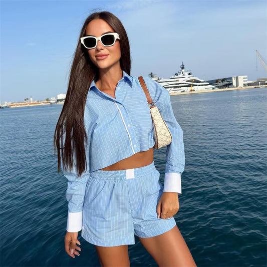 Autumn New Contrast Color Striped Short Shirt Shorts Suit