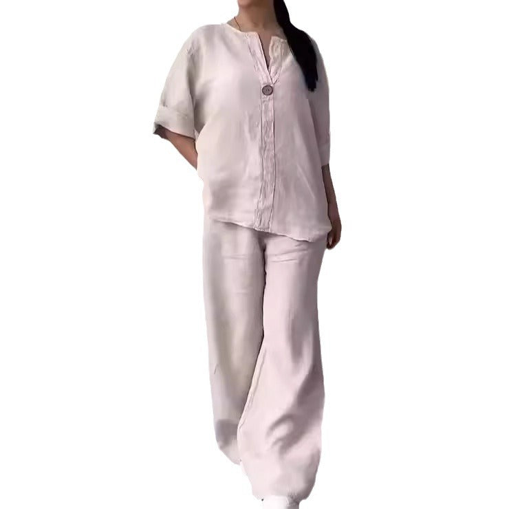 Fashion Solid Color Cotton And Linen Casual Suit Women