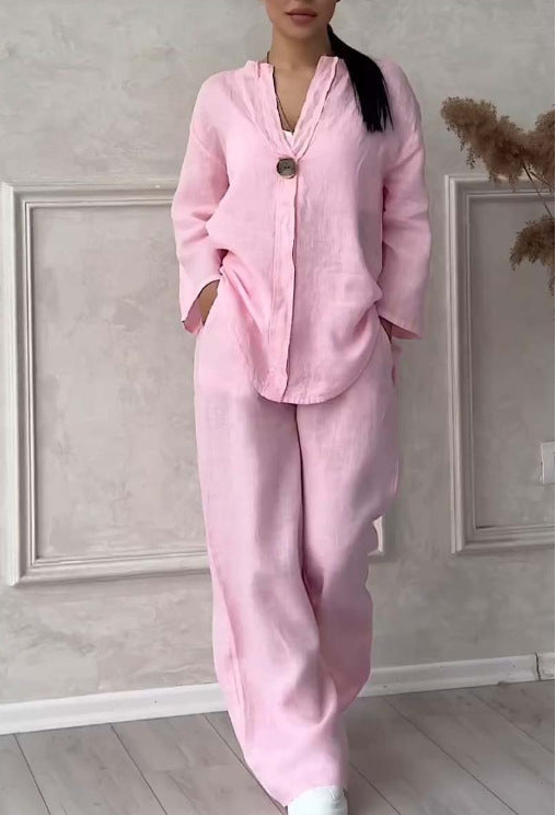 Fashion Solid Color Cotton And Linen Casual Suit Women