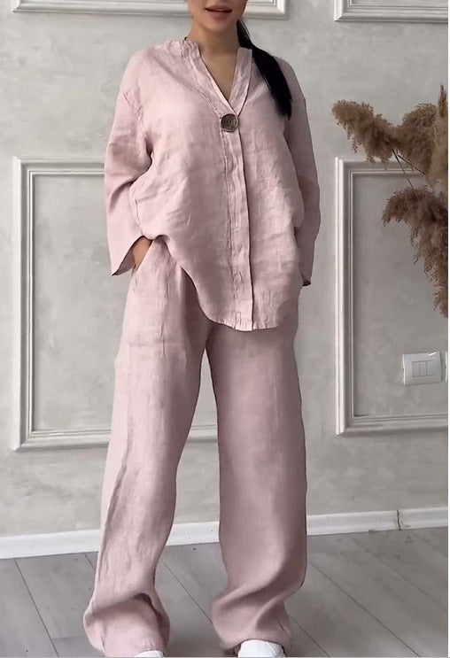 Fashion Solid Color Cotton And Linen Casual Suit Women