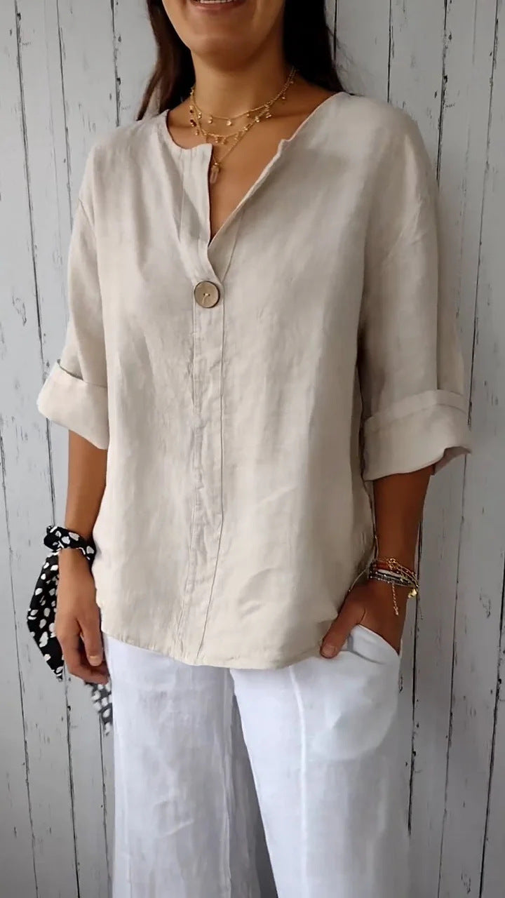 European And American Loose T-shirt Women's V-neck Cotton And Linen Button Top