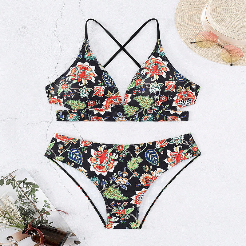 Floral Tie-neck Swimsuit Triangle Beach Bikini Women