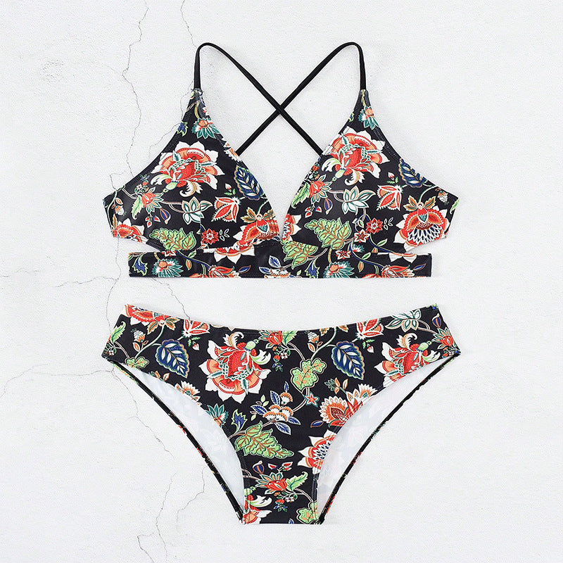 Floral Tie-neck Swimsuit Triangle Beach Bikini Women