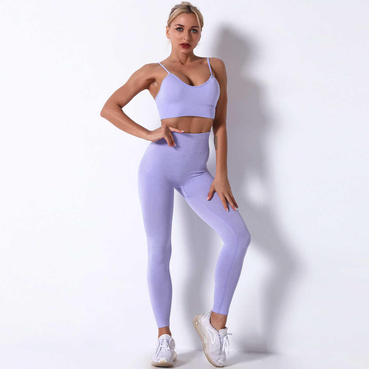 Seamless Knitted Solid Color Spaghetti Strap Bra Yoga Pants Sports Two-piece Set