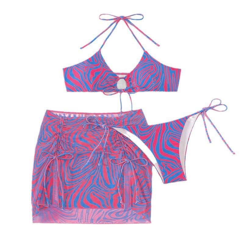 Swimsuit Printed Lace-up Hollow Beach Skirt Three-piece Suit