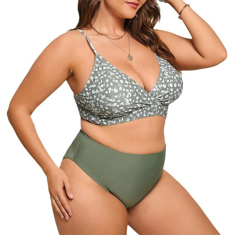 Strap Floral Plus Size Split Swimsuit High Waist Women's