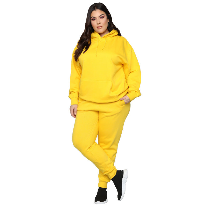 Loose And Casual Solid Color Hooded Long-sleeved Sweater Suit Plus Size