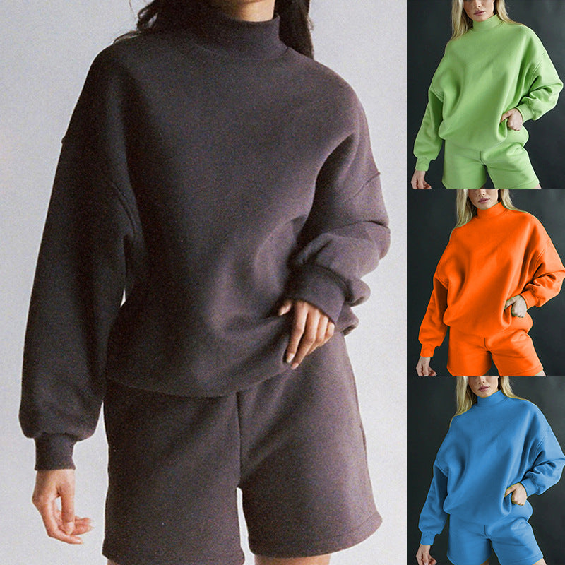 Women's Stand Collar Long Sleeve Fleece And Shorts Two-piece Suit