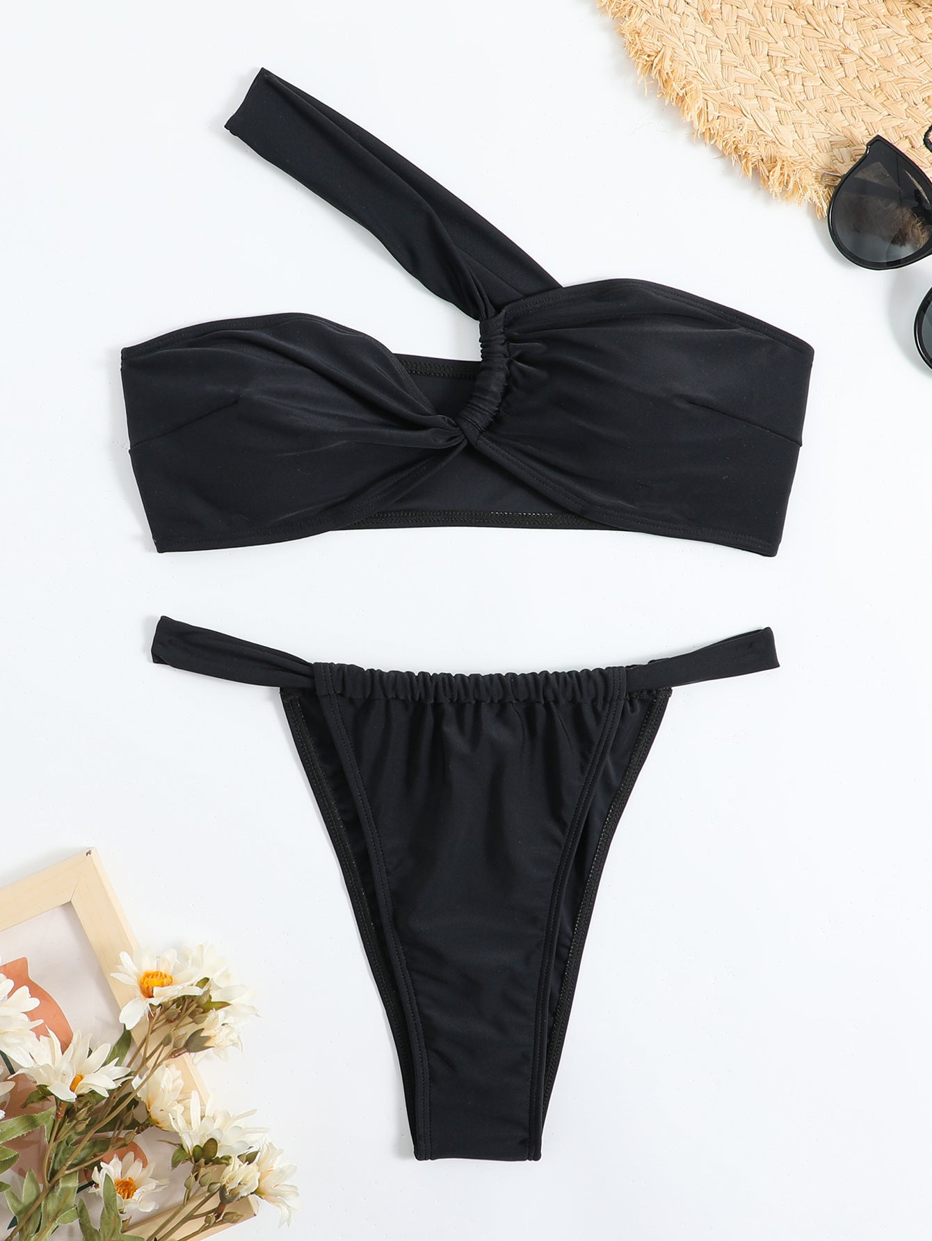 Solid Color Split Swimsuit European And American Single-shoulder Sloping Shoulder Solid Color