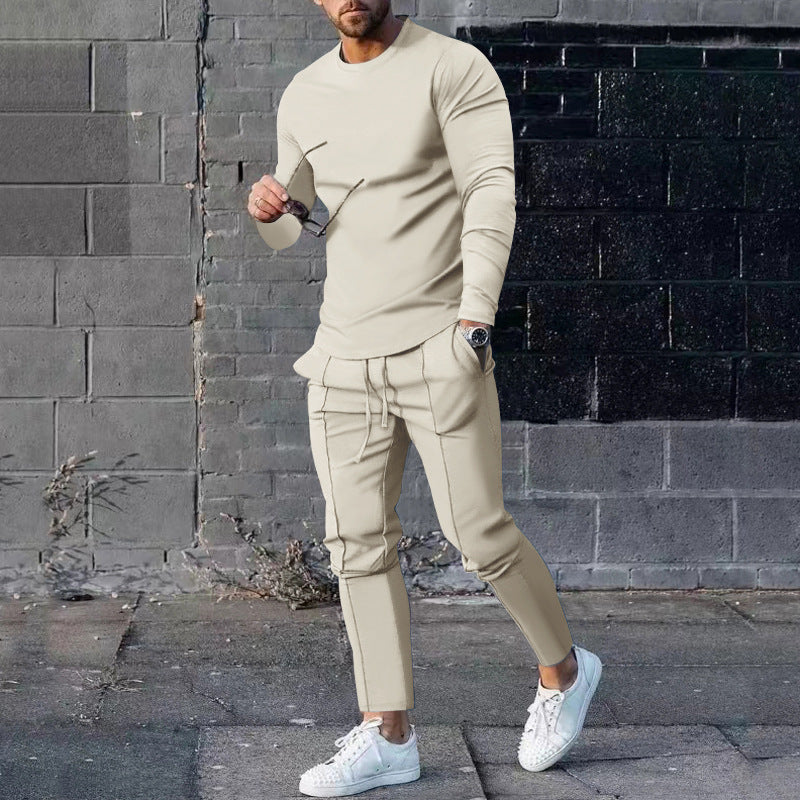 Spring Round Neck Long Sleeve T-shirt Trousers Solid Color Men's Two-piece Suit
