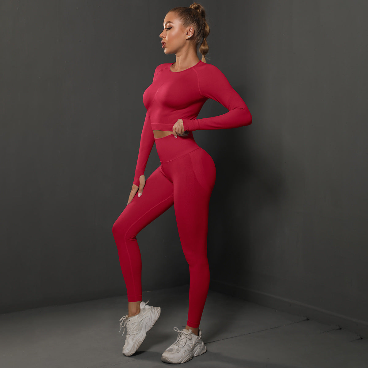 Solid Color Knitted Peach Hip Tight Hip Slimming Yoga Pants Suit