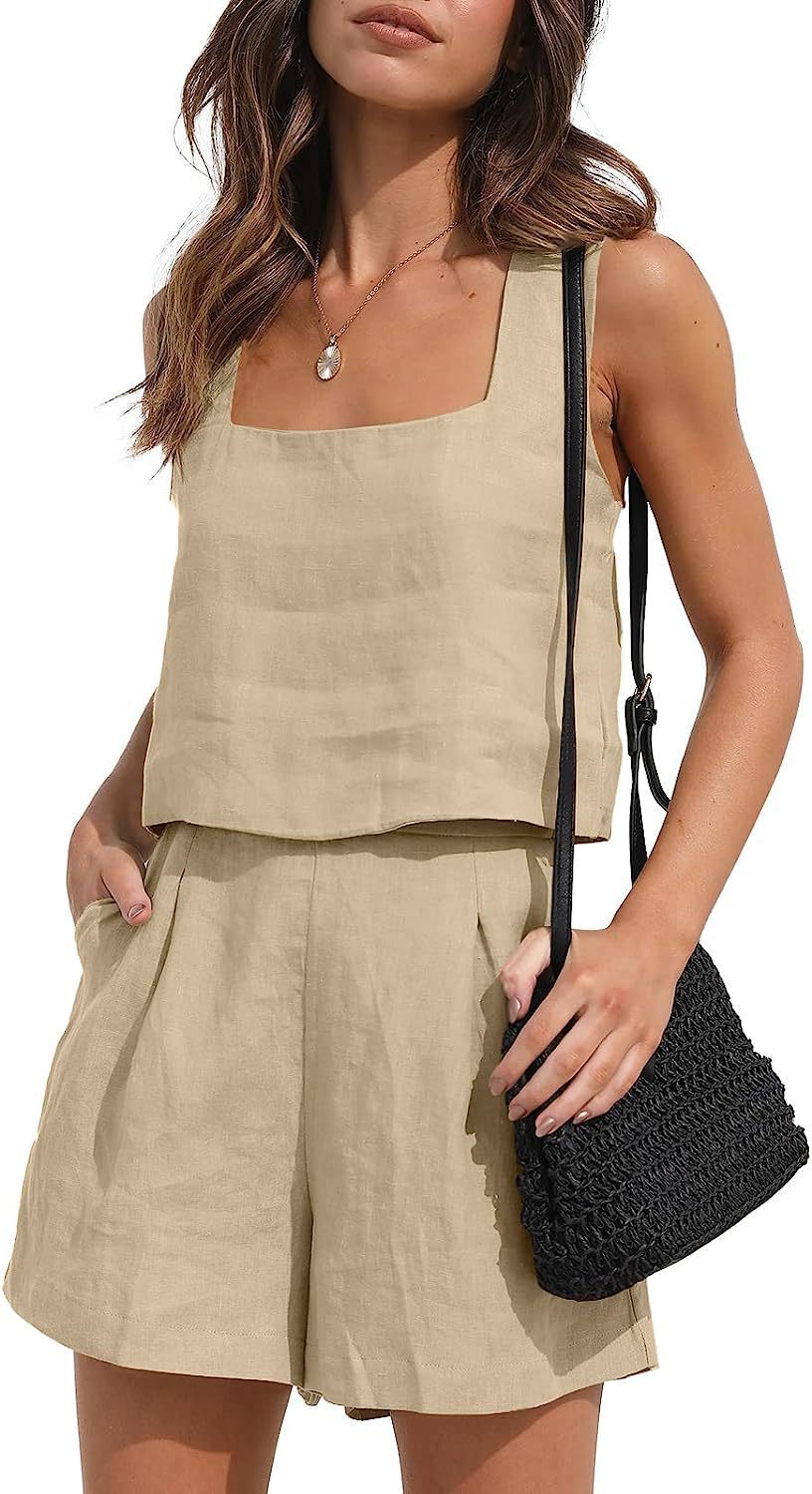 Casual Cotton Linen Sleeveless Square Collar Top Two-piece Shorts Suit