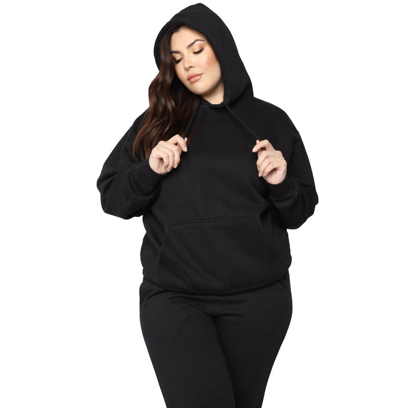 Loose And Casual Solid Color Hooded Long-sleeved Sweater Suit Plus Size