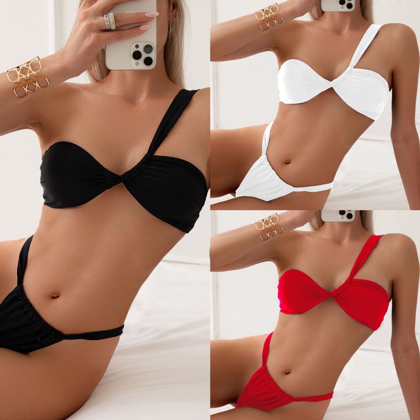 Solid Color Split Swimsuit European And American Single-shoulder Sloping Shoulder Solid Color