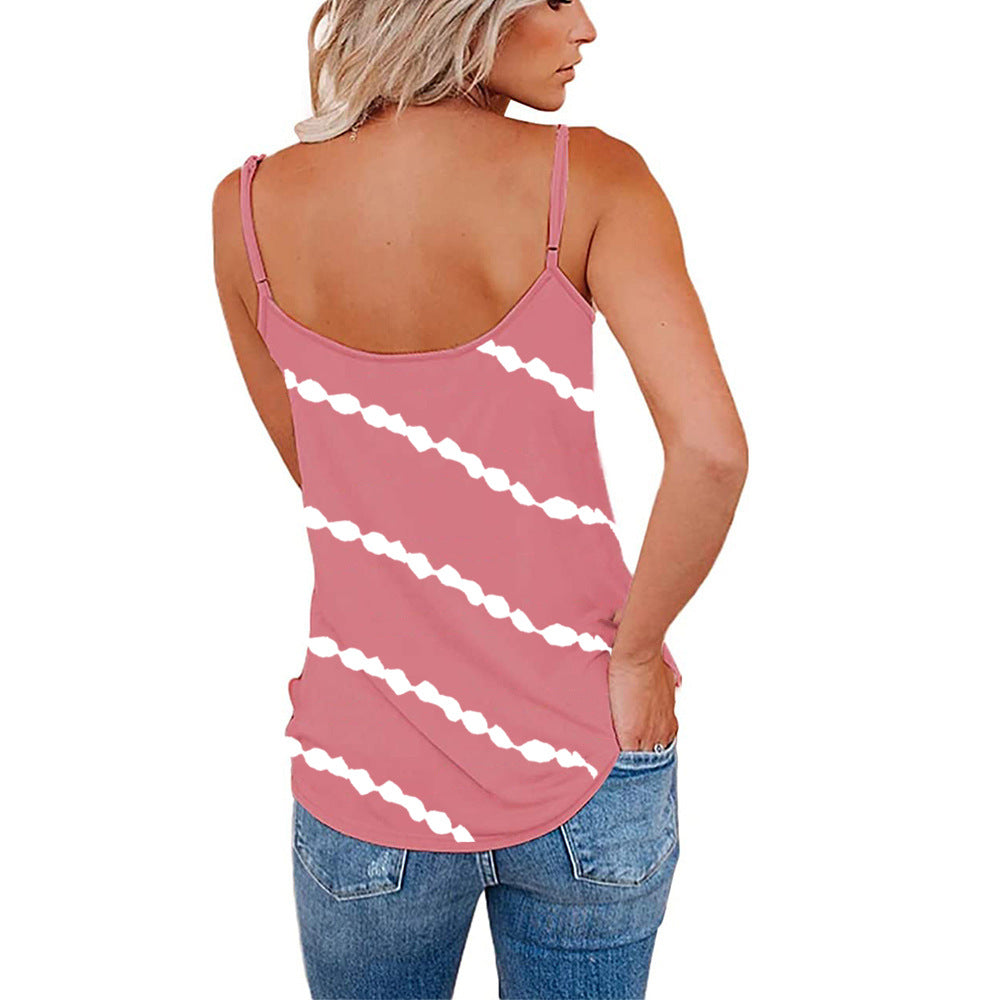 Women's Sleeveless Camisole V-neck Striped Printed T-shirt