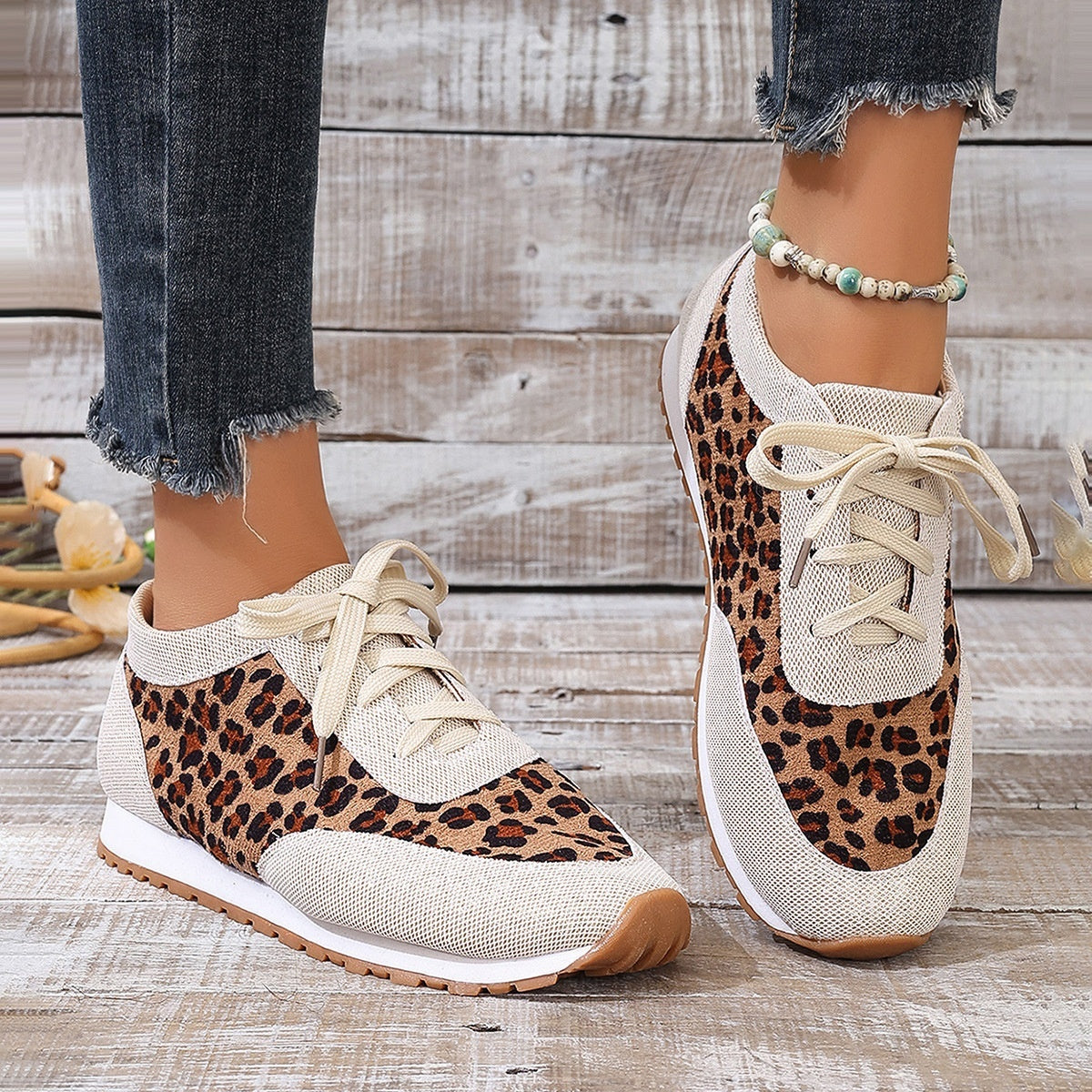 Flat Bottomed Leopard Print Lace Up Casual Sports Shoes