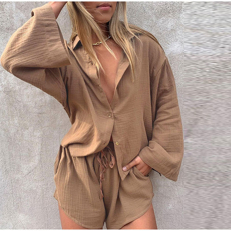 Long Sleeve Shirt Casual Shorts Two-piece Jacket