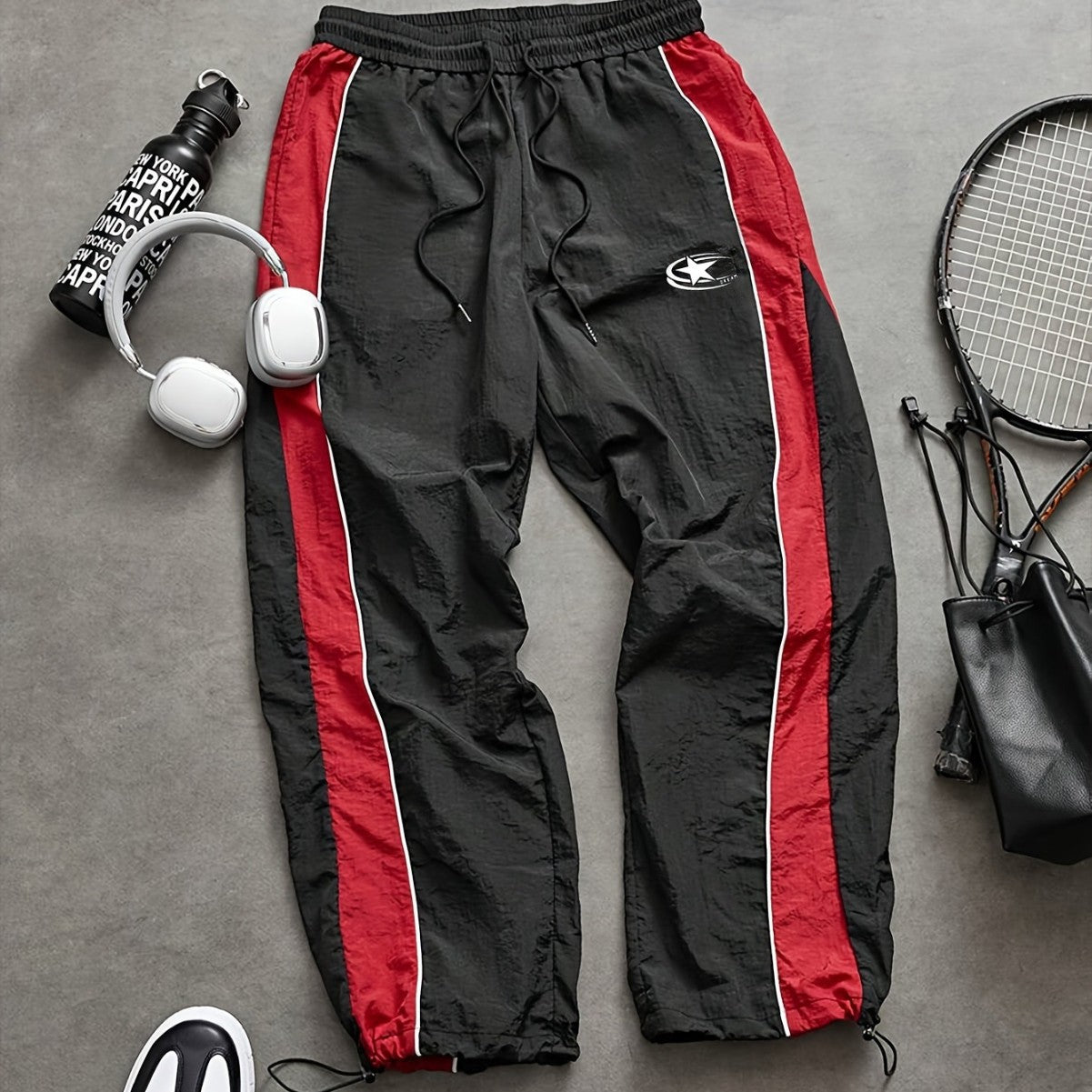 Mens Side-Panel Spliced Drawstring Quick-Dry Casual Pants