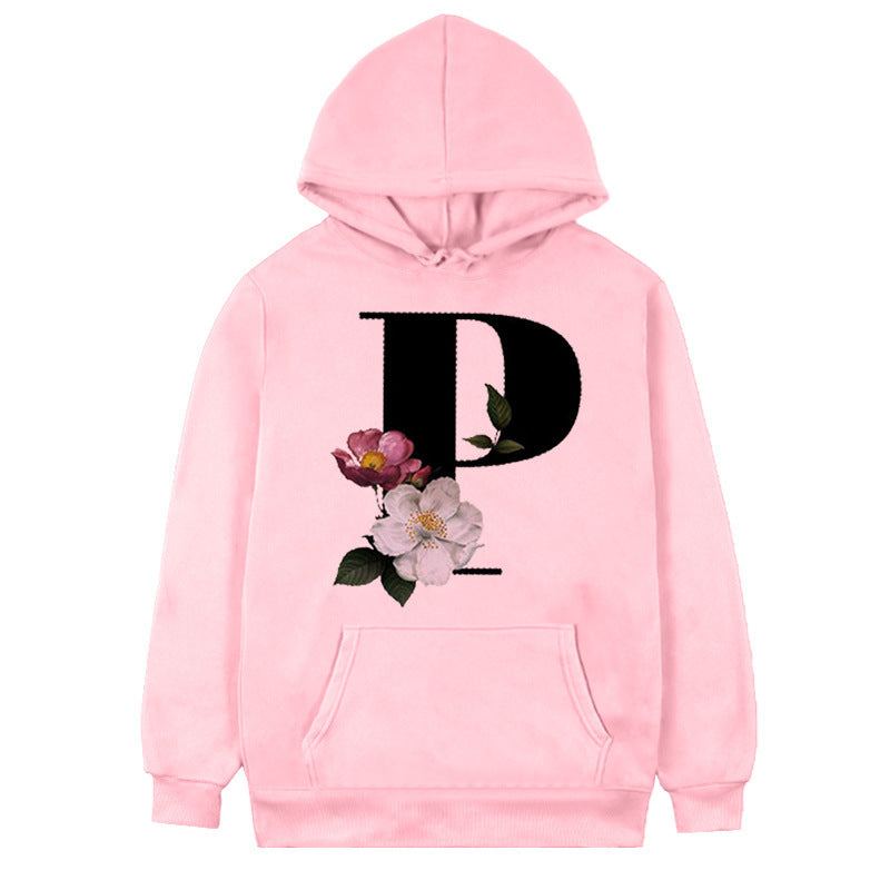 Women's 26-letter Flowers Printed Fleece Hoodie