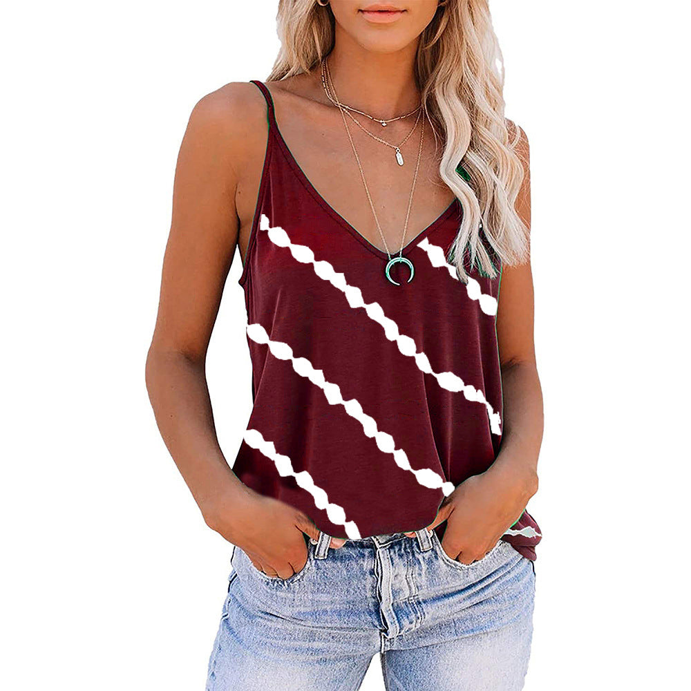 Women's Sleeveless Camisole V-neck Striped Printed T-shirt