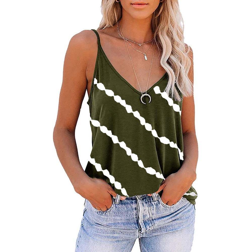 Women's Sleeveless Camisole V-neck Striped Printed T-shirt