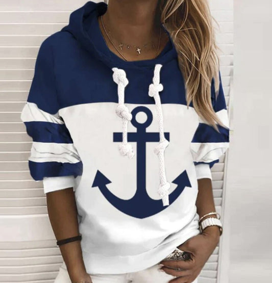 Striped Boat Anchor Printed Hood Women's Outdoor Clothing